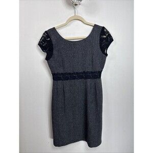 (M3) J Crew Gray Black Speckle Tweed Crochet Lace Trim Sheath Dress Size 6 Wool